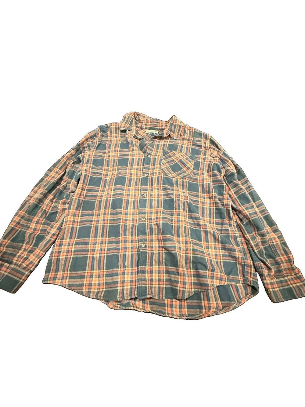 Magellan Outdoors Mens XL Blue Orange Plaid Flannel Shirt Classic Fit
